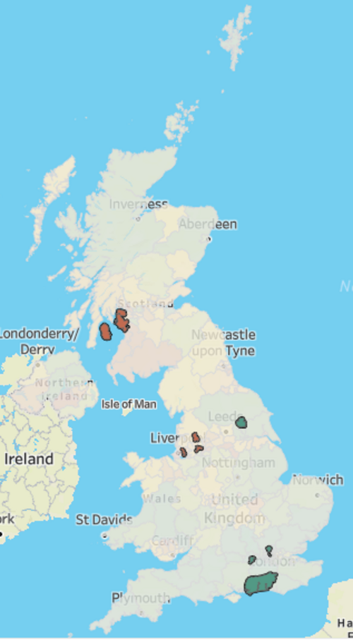 A map of the UK highlighting specific areas in different colours