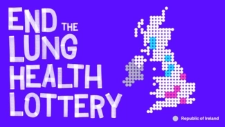 A bold campaign graphic with the message END THE LUNG HEALTH LOTTERY alongside a stylised map of the UK highlighting regional disparities in lung health