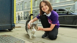 A young girl in a purple T-shirt crouches on a pavement, smiling as she strokes a cat, with metal barriers and a black car in the background