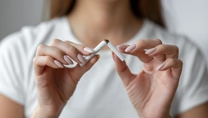 A woman wearing a white shirt, holding and snapping a cigarette in half with both hands
