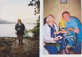 Two photos: Left, a woman stands on a rocky hill with a lake and mountains behind her. Right, an elderly woman with a walker sits in a living room, holding hands with a smiling man
