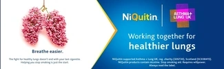 NiQuitin and Asthma + Lung UK collaboration featuring pink flowers shaped like lungs and the message "Breathe easier" promoting smoking cessation for healthier lungs
